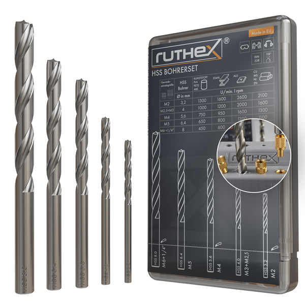 Set di trapani Ruthex per inserti filettati – M2, M2.5, M3, M4, M5, M6 e 1/4"